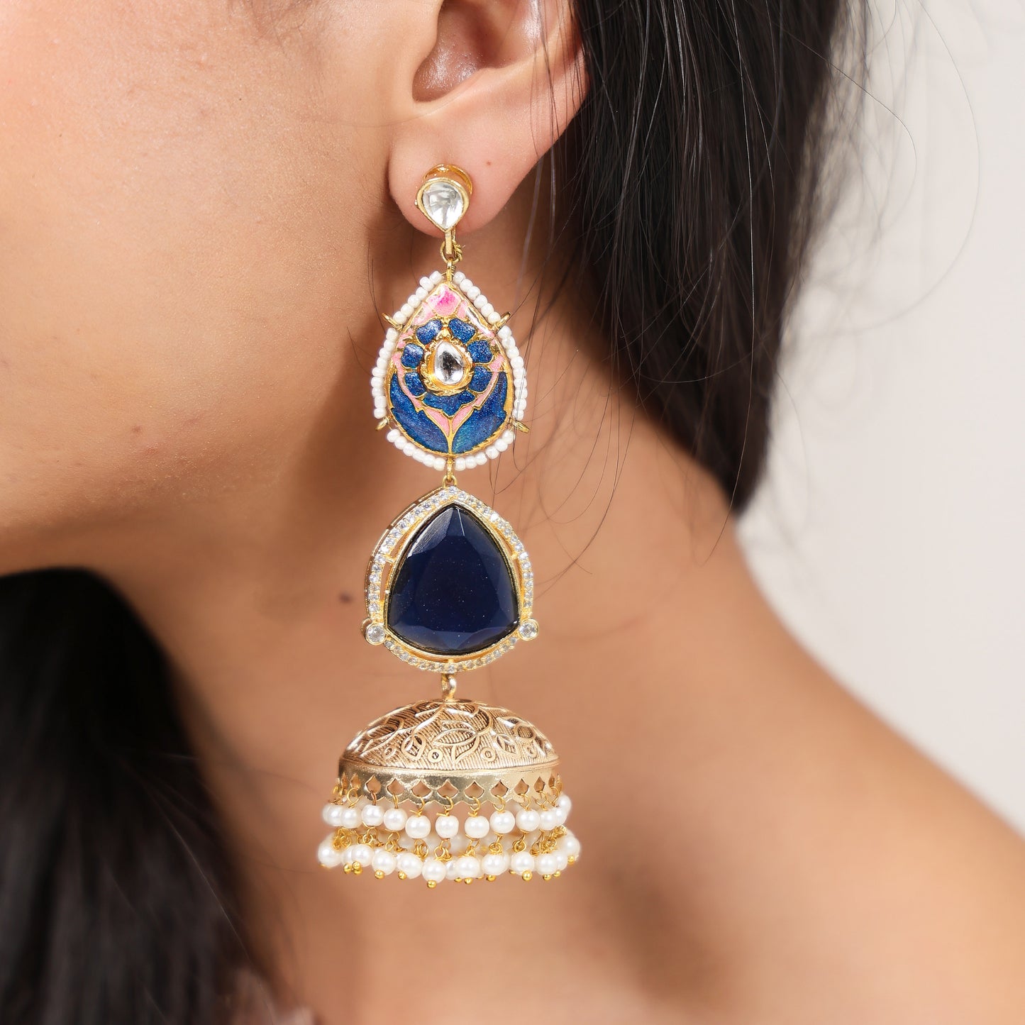 Hoor Blue Jhumka Earrings (Invisible kaan chains included)