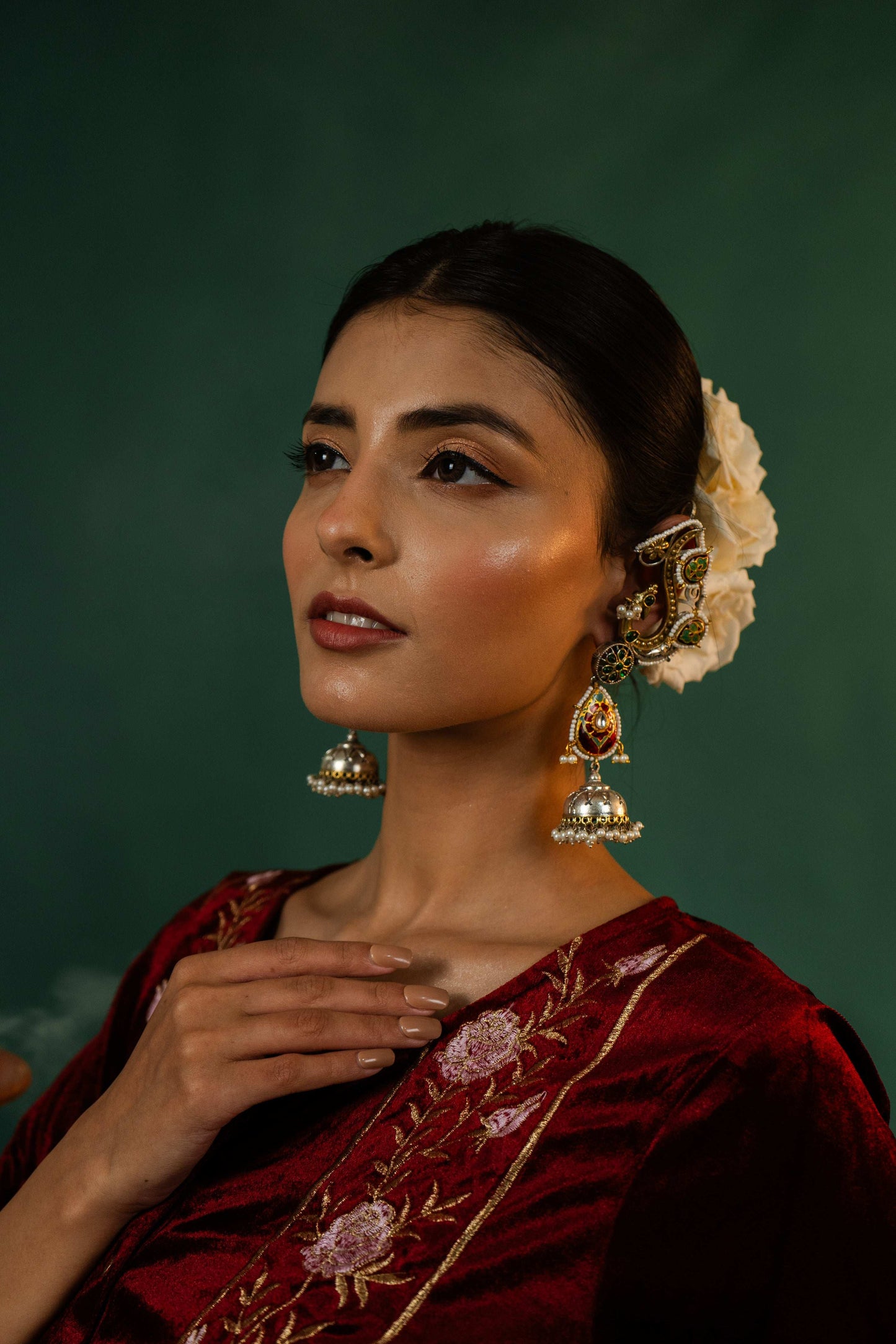 Mayura Earcuff Style Green Jhumka Earrings - Pirohee by parul sharma