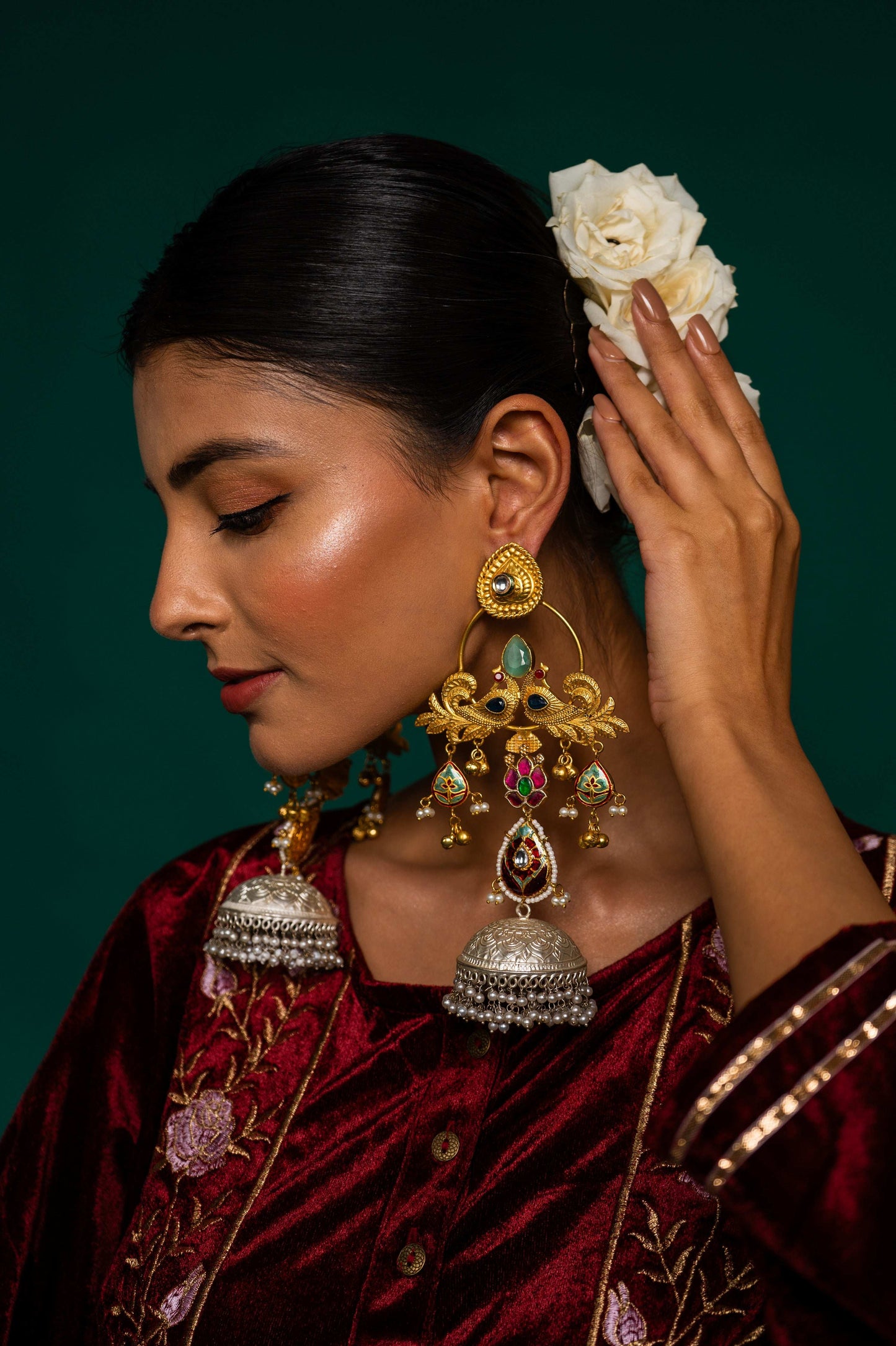 Manika Peacock Motif Jhumka Earrings - Pirohee by parul sharma