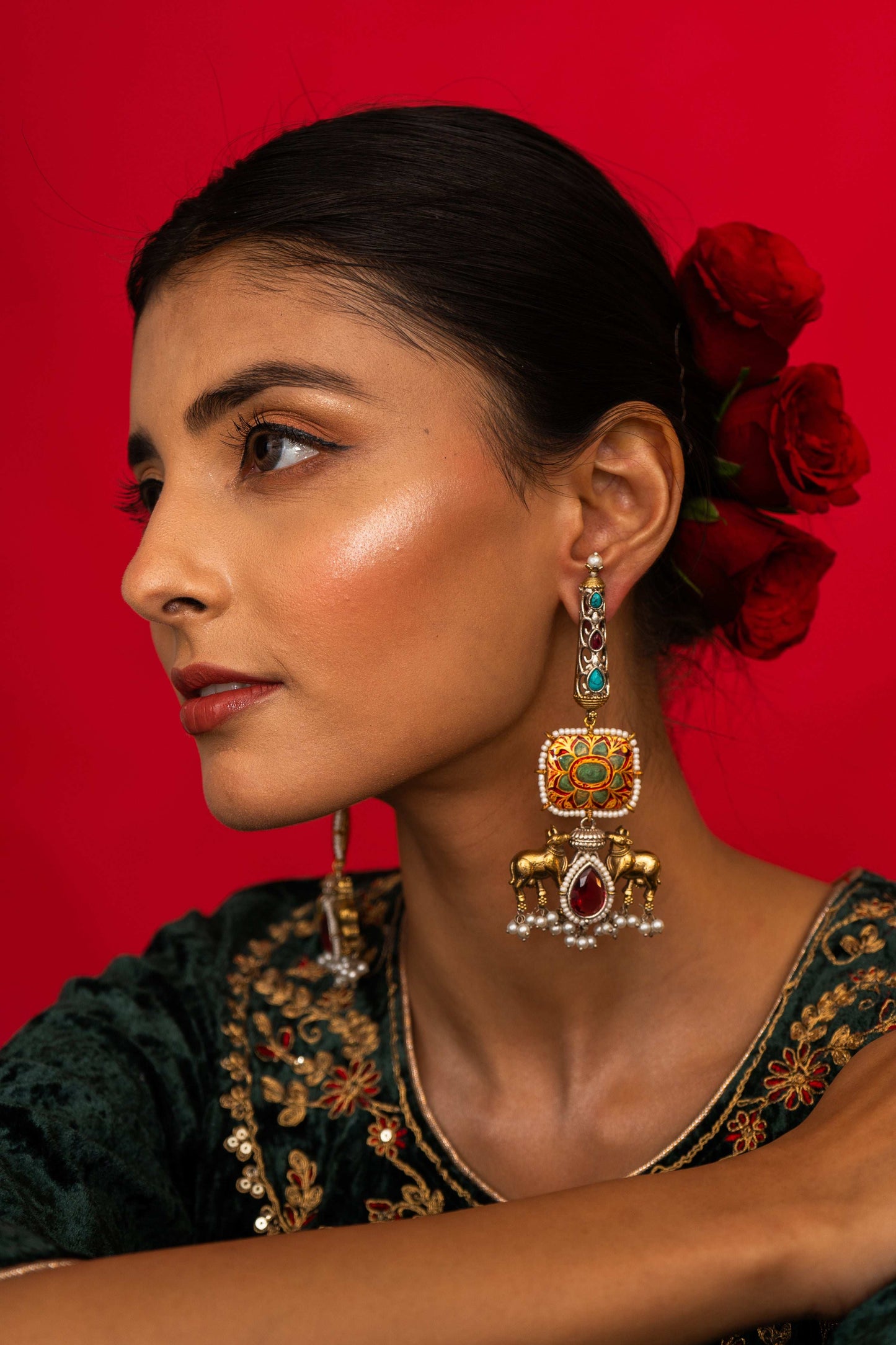 Dhara Red Bull Motif Earrings - Pirohee by parul sharma