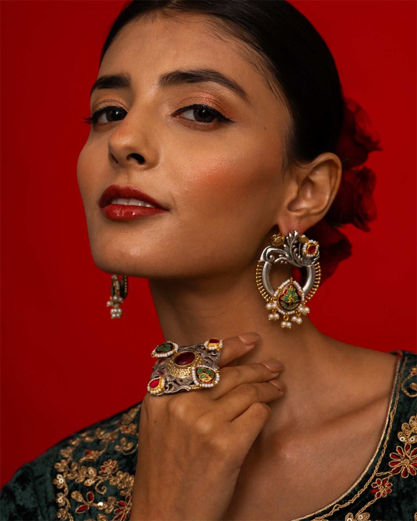 Nayana Leaf Motif Earrings & Adjustable Ring Combo - Pirohee by parul sharma