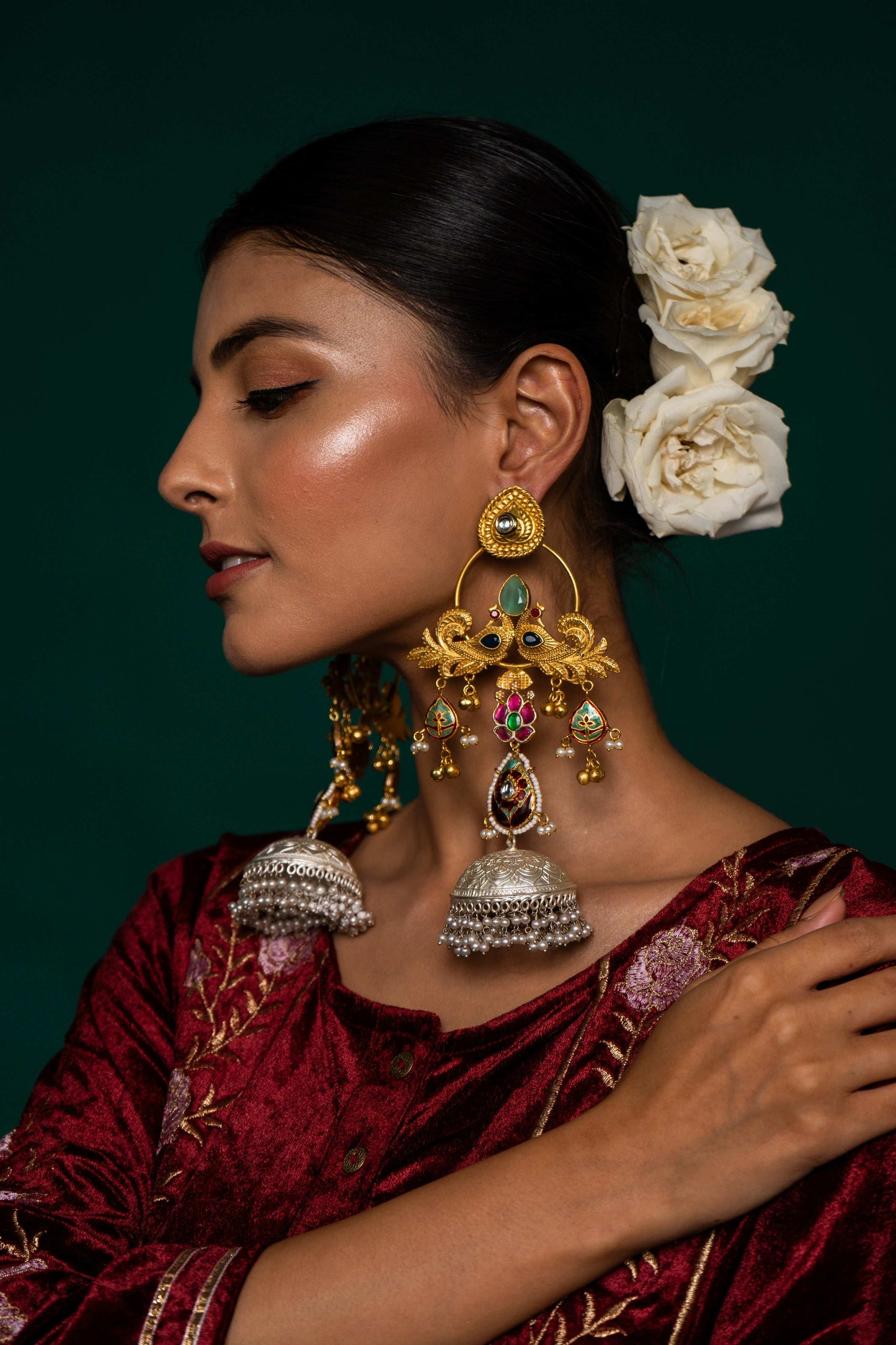 Manika Peacock Motif Jhumka Earrings - Pirohee by parul sharma