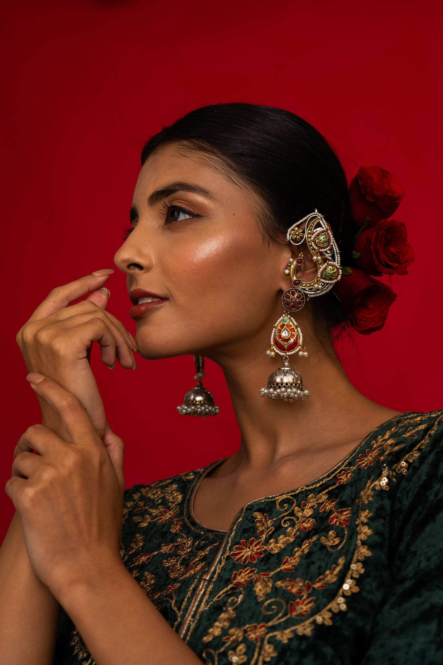 Mayura Earcuff Style Red Jhumka Earrings - Pirohee by parul sharma