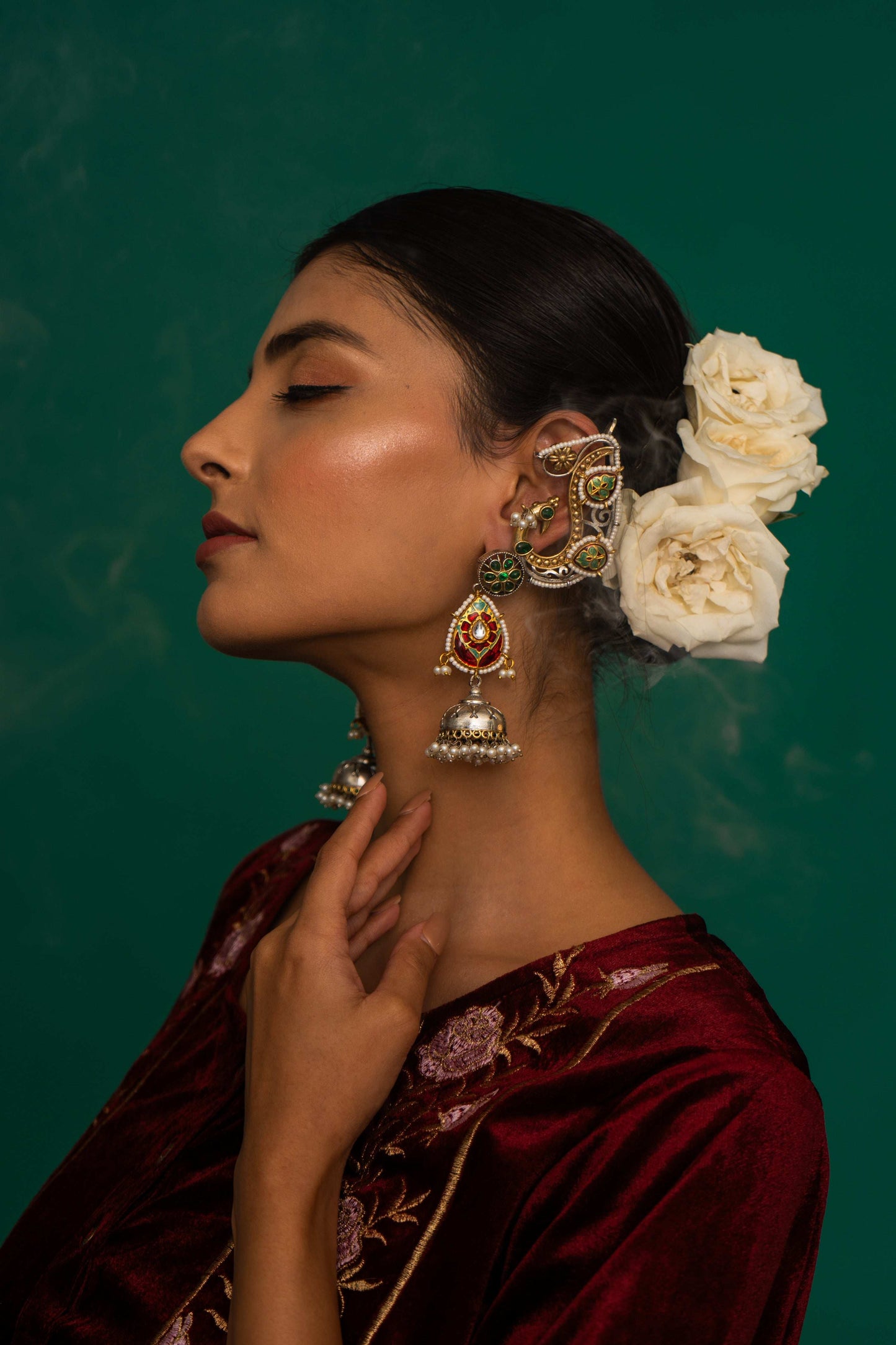 Mayura Earcuff Style Green Jhumka Earrings - Pirohee by parul sharma