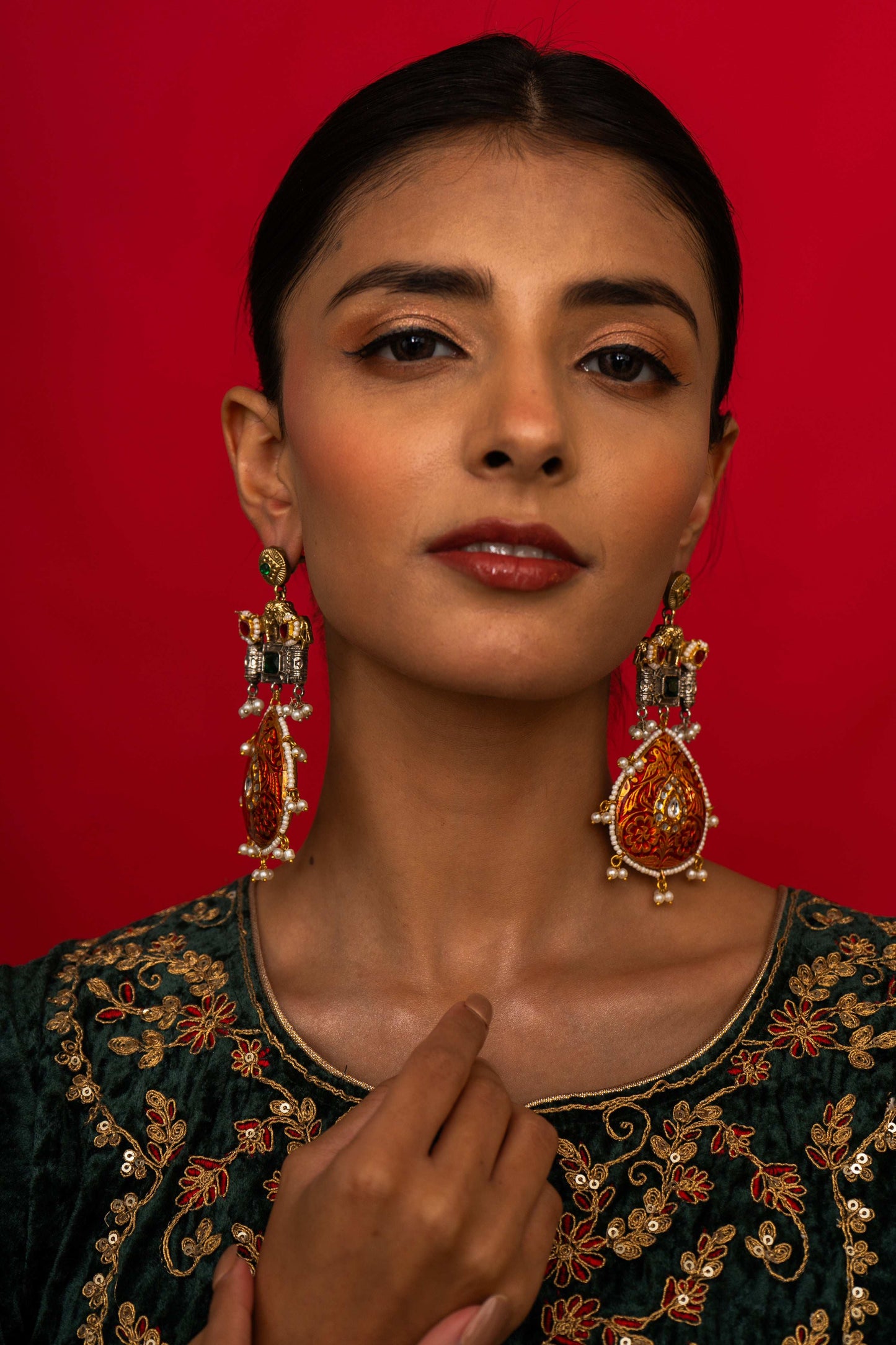 Anika Red Lion Motif Earrings - Pirohee by parul sharma