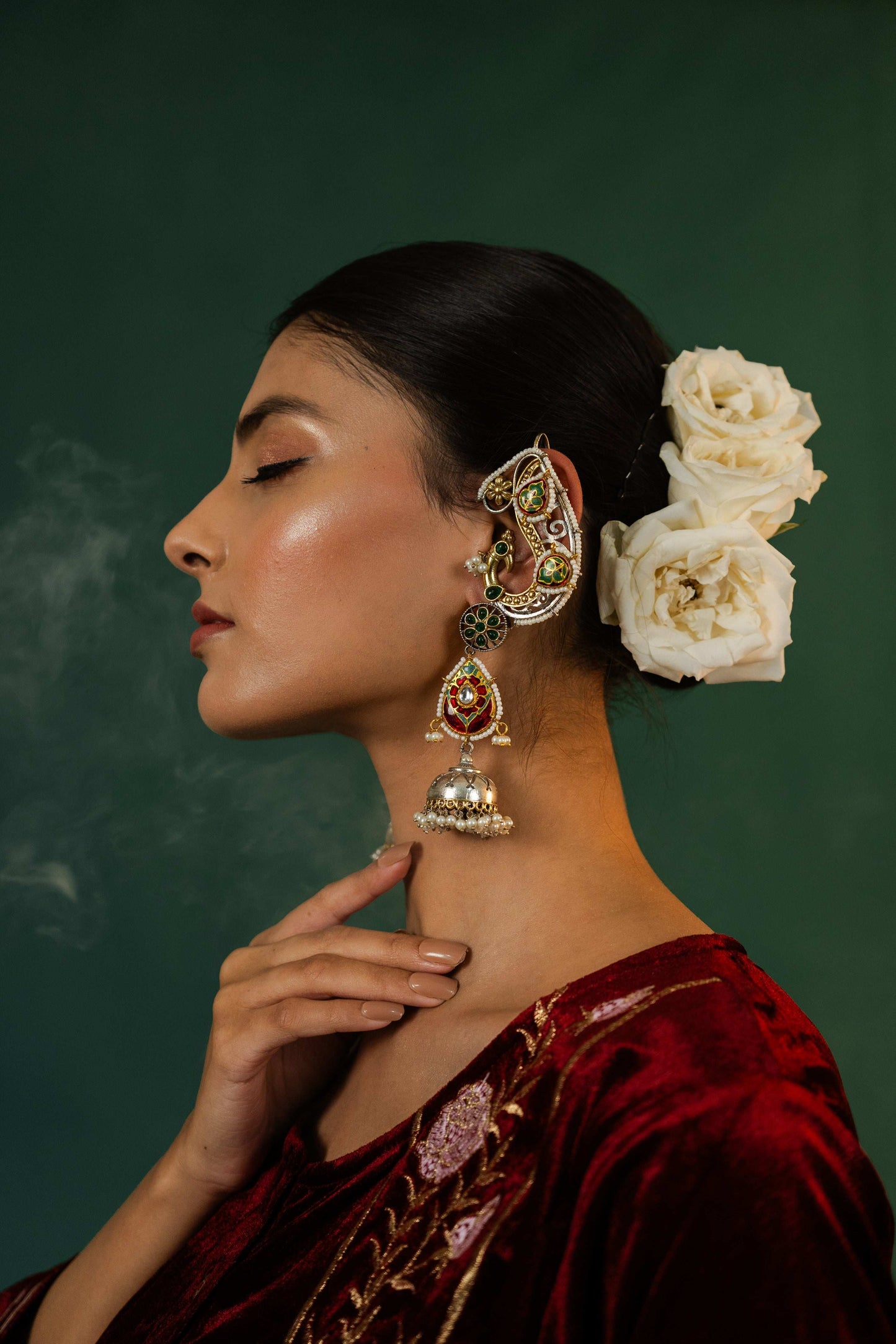 Mayura Earcuff Style Green Jhumka Earrings - Pirohee by parul sharma