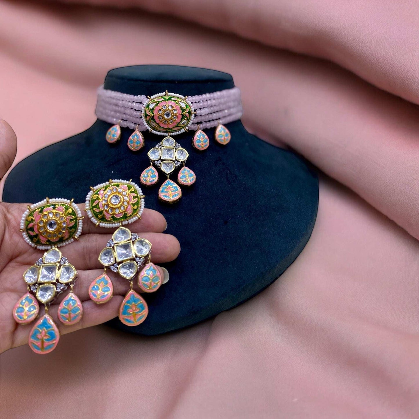 Elegance Redefined: Emerald Green Meenakari and Moissanite Fusion Necklace Set - Pirohee by parul sharma