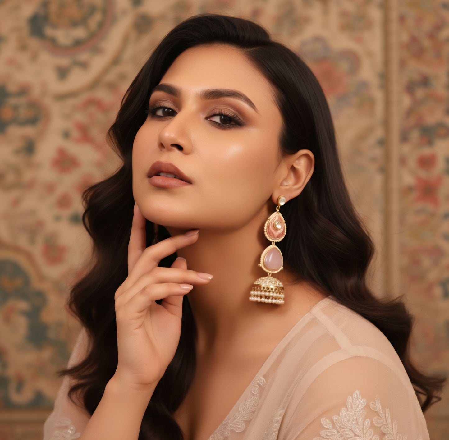 Hoor Pink Jhumka Earrings (Invisible kaan chains included)