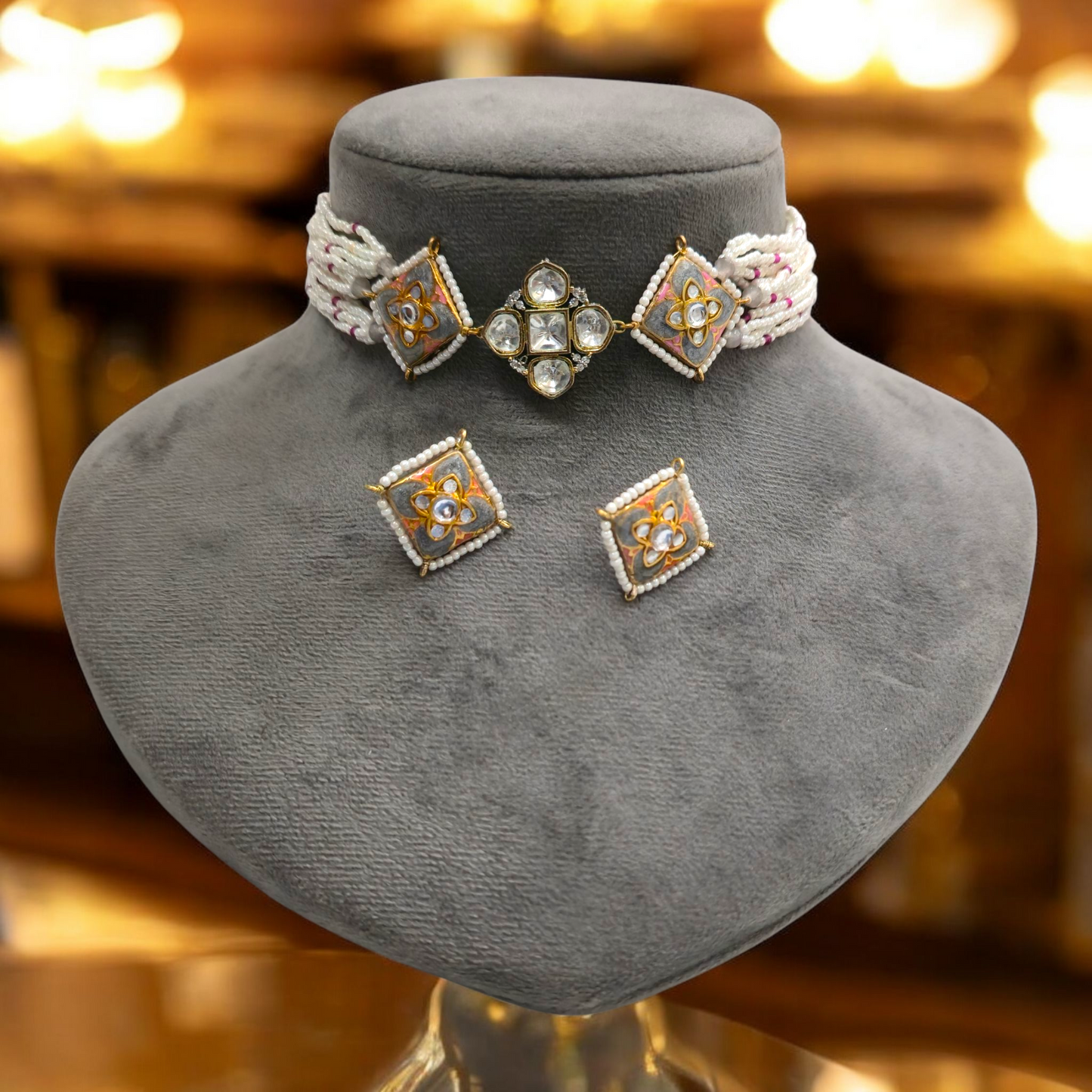 Tavisha Grey Meenakari Charm Necklace Set