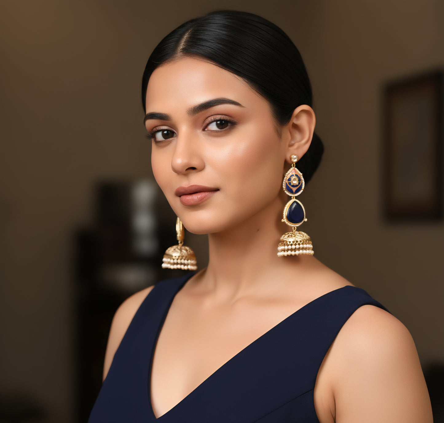 Hoor Blue Jhumka Earrings (Invisible kaan chains included)