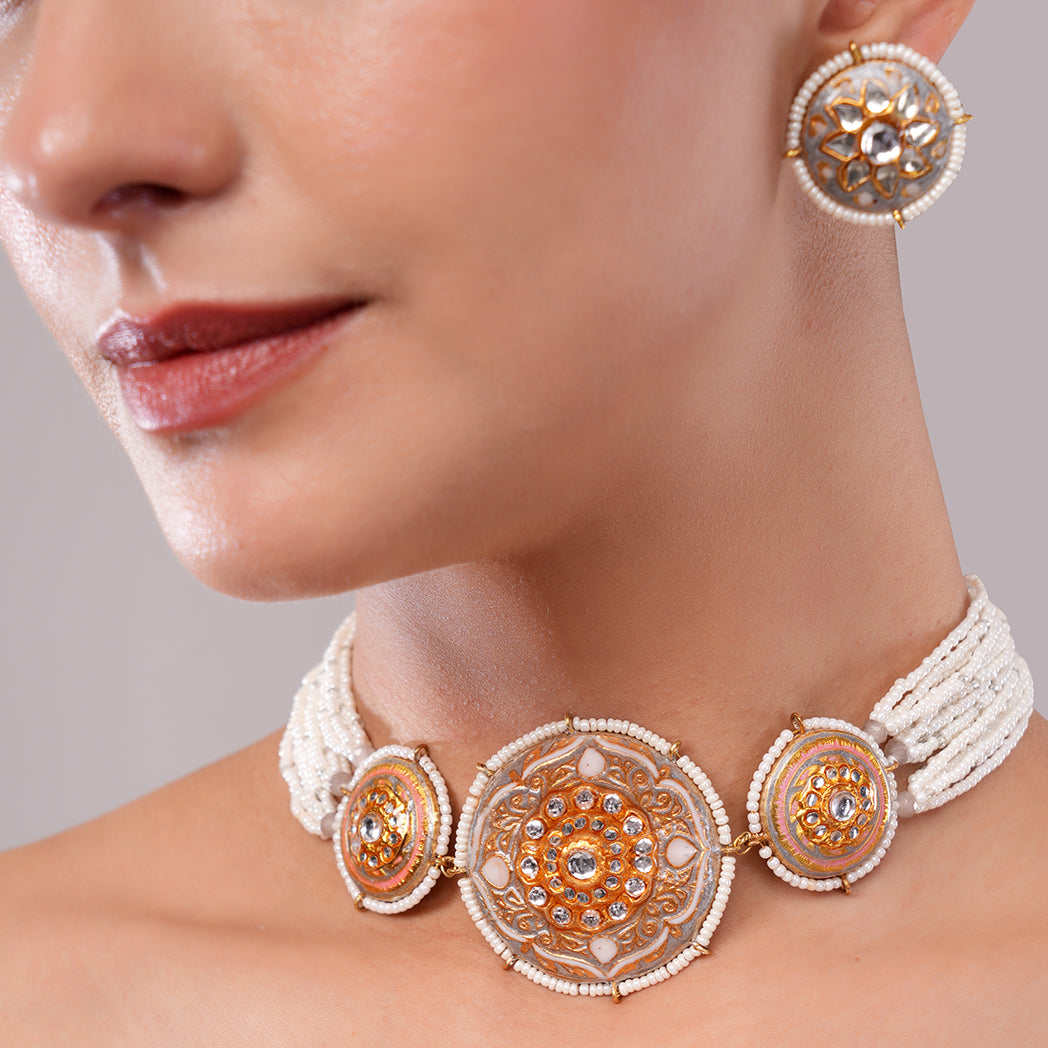 Surmayi Grey Meenakari Choker Set