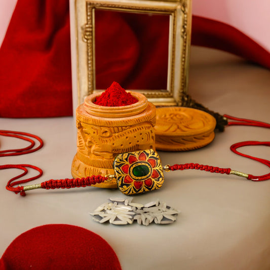 Antique Gold Plated Red Meenakari Rakhi