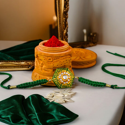 Classic Gold Plated Green Kundan Meenakari Rakhi