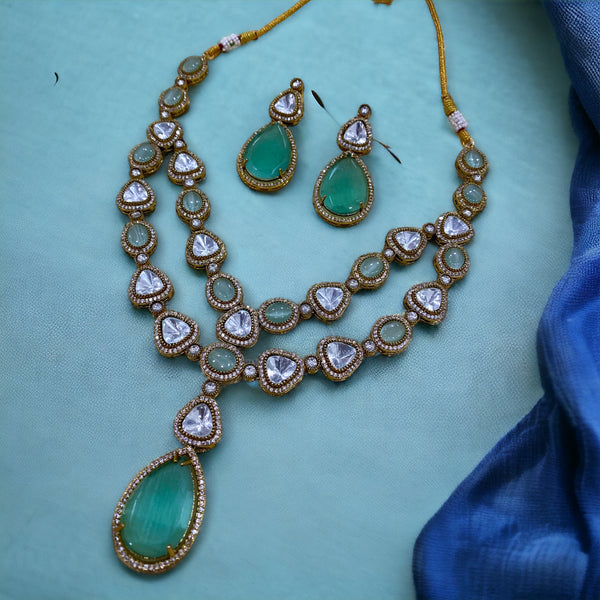 Arisha Double Layer Polki Necklace Set - Mint Green