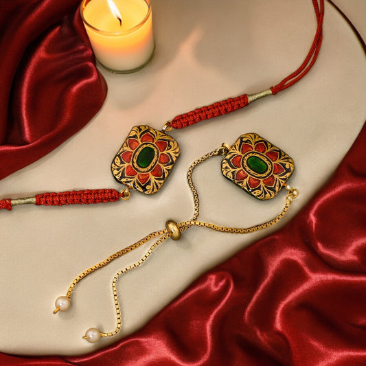 Antique Gold plated Red Bhaiya-Bhabi Rakhi