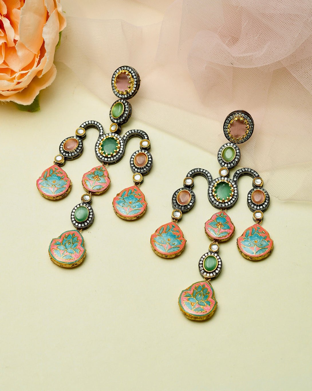 Fusion Elegance: Meenakari & AD Pastel Earrings - Pirohee by parul sharma