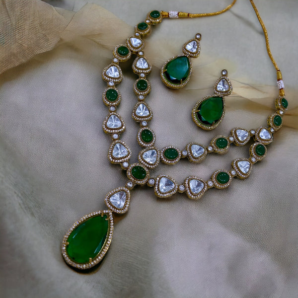 Arisha Double Layer Polki Necklace Set - Dark Green