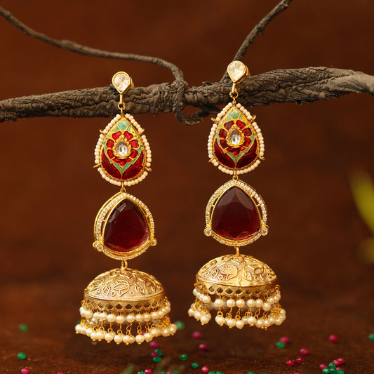 Hoor Red Jhumka Earrings (Invisible kaan chains included)