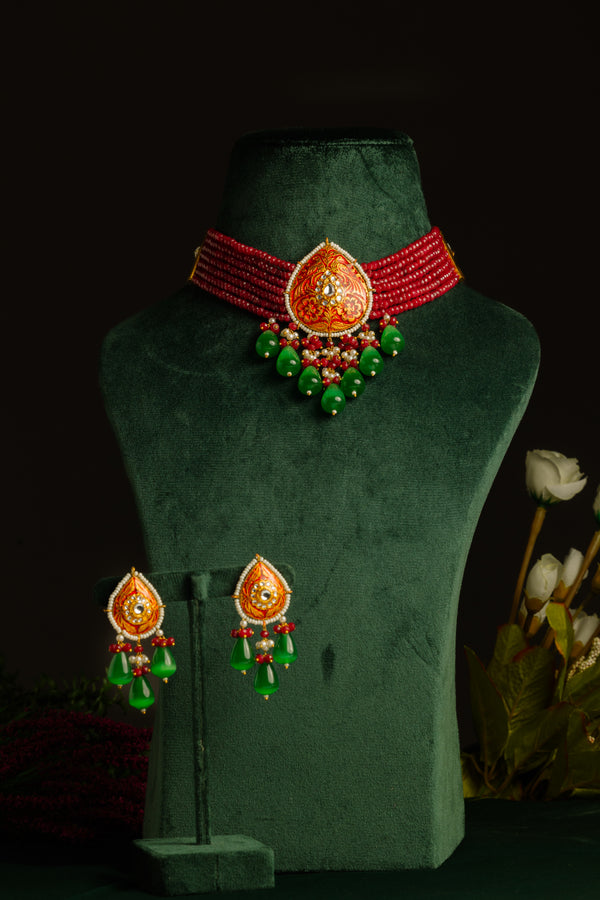 Esthetical Maroon Red Meenakari Necklace Set