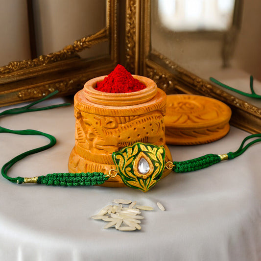 Traditional Gold Plated Kundan Meenakari Green Rakhi