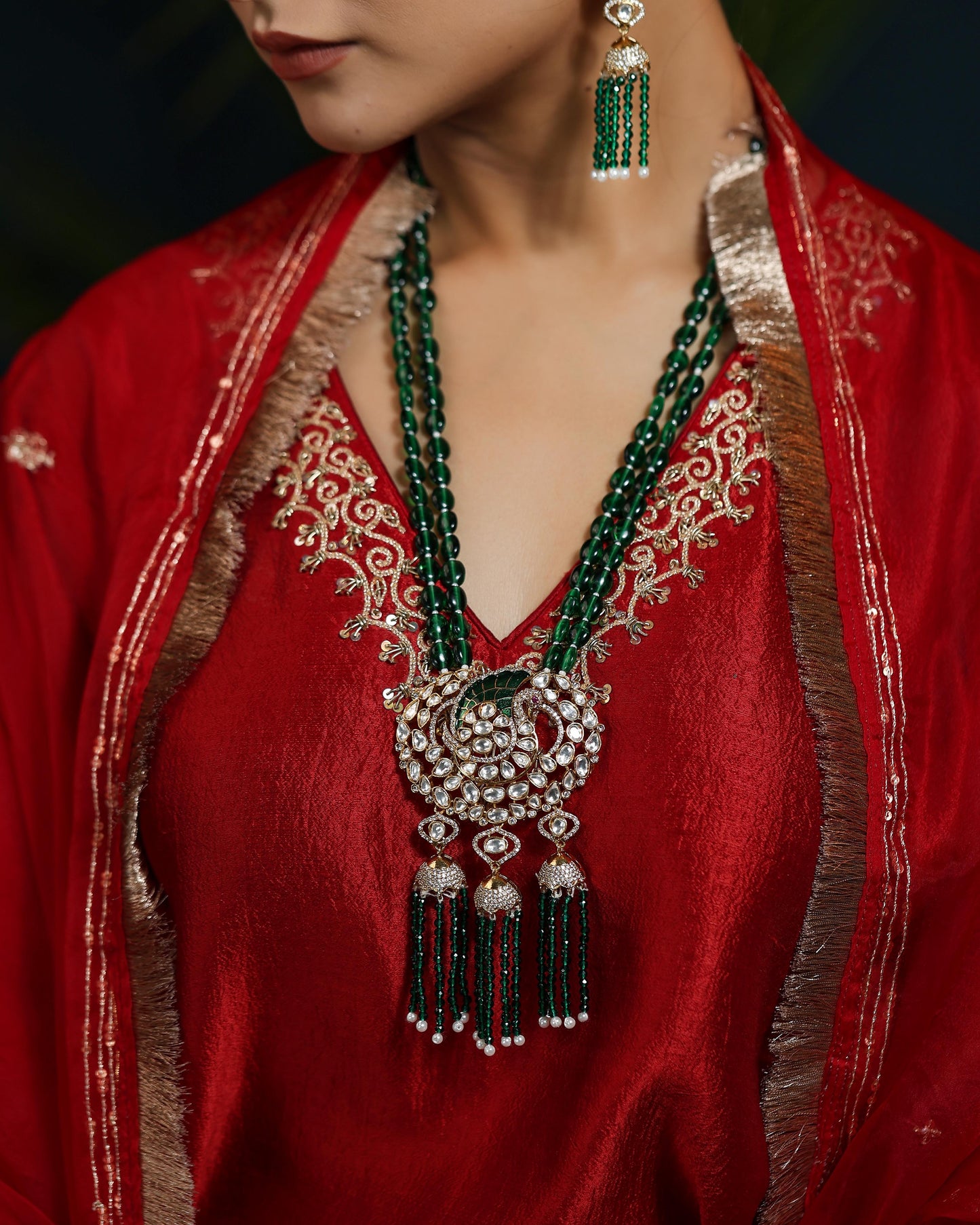 Polki Chand Haar with Emerald Beads