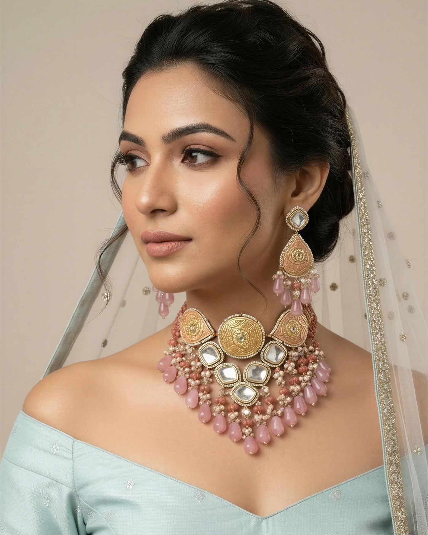 Rooh Carnation Pink Polki Necklace Set