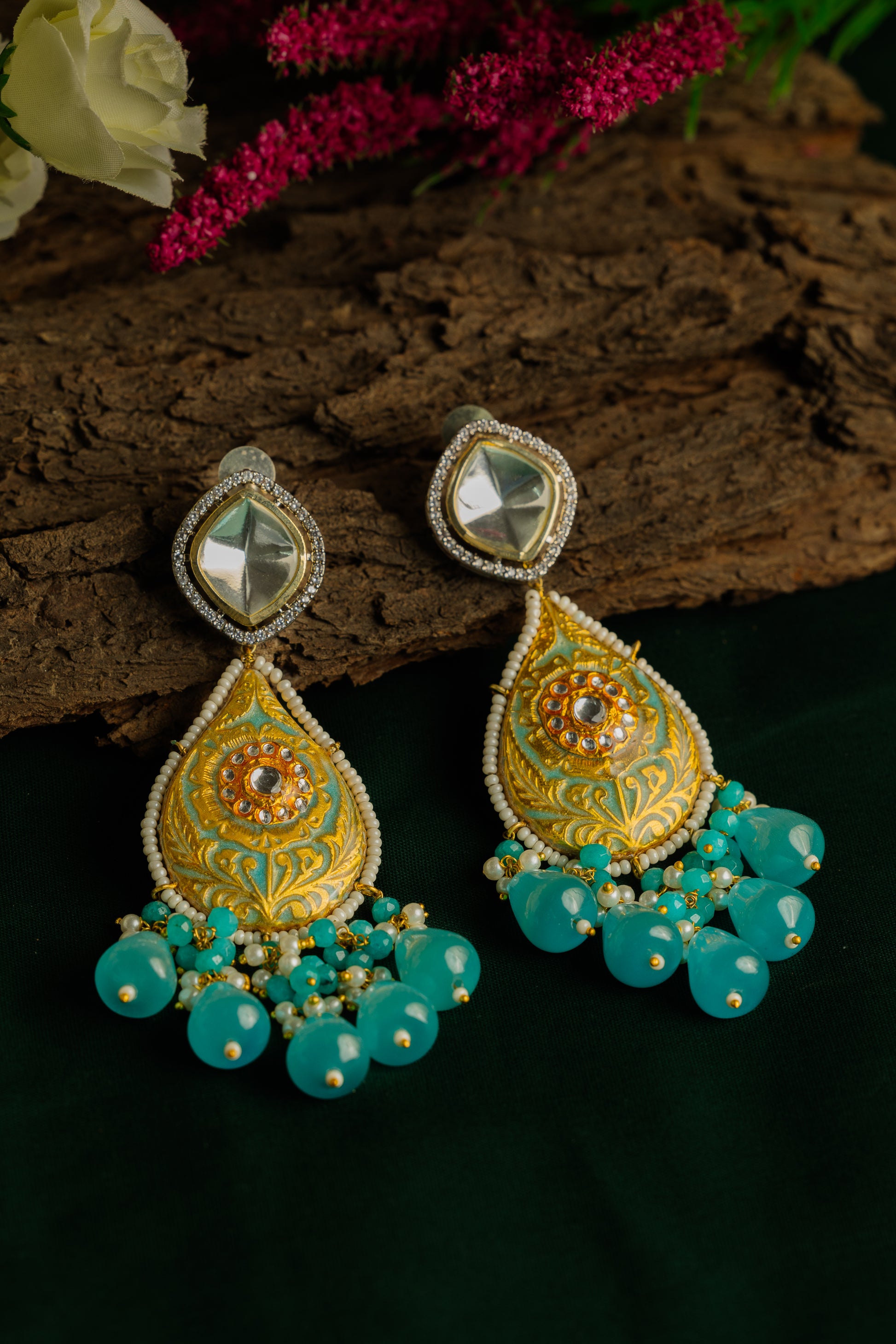 Adah Turquoise Polki Earrings - Pirohee by parul sharma