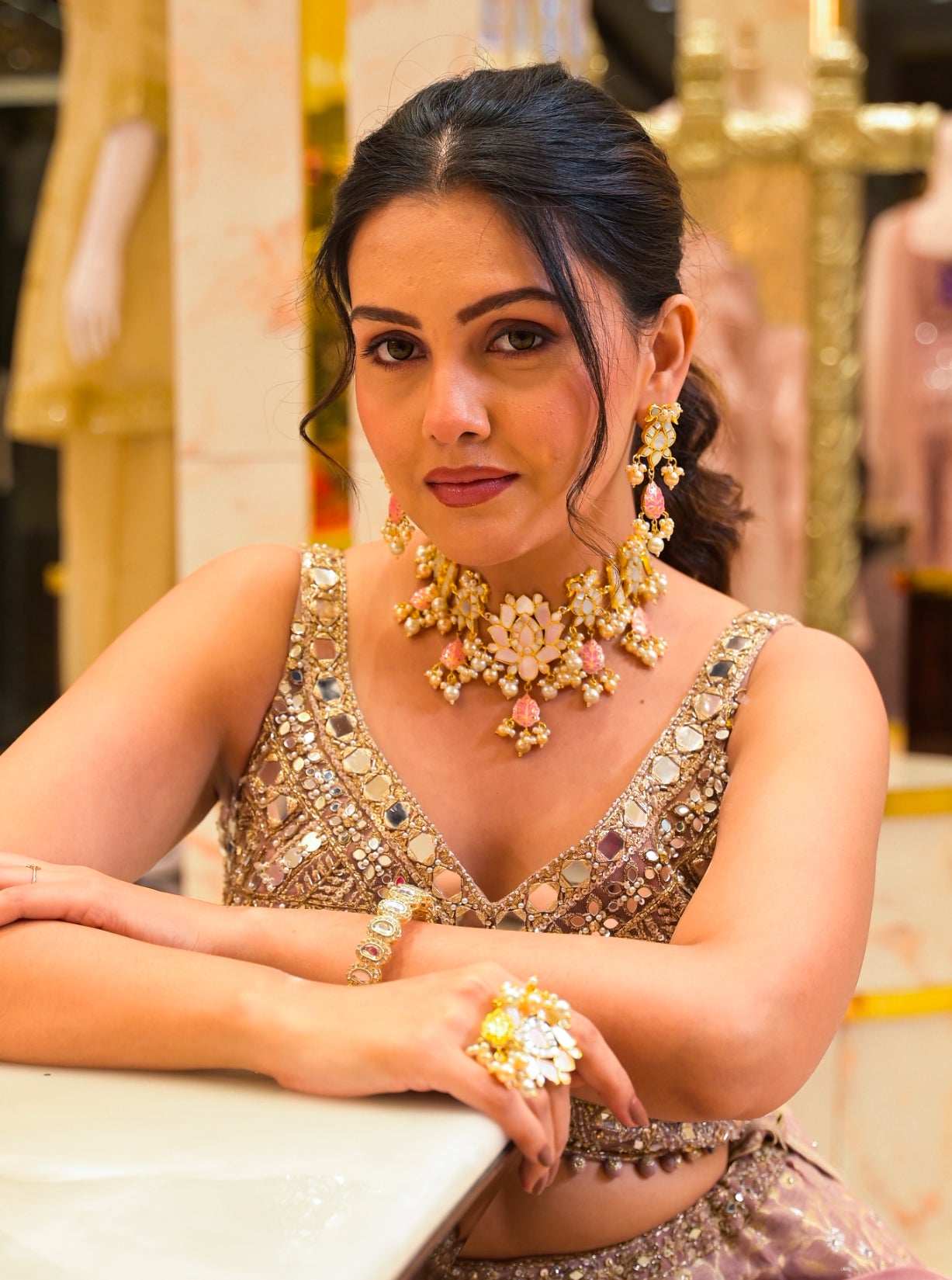 Iman Mother of Pearl Fusion Necklace Set With Ring - Pirohee by parul sharma