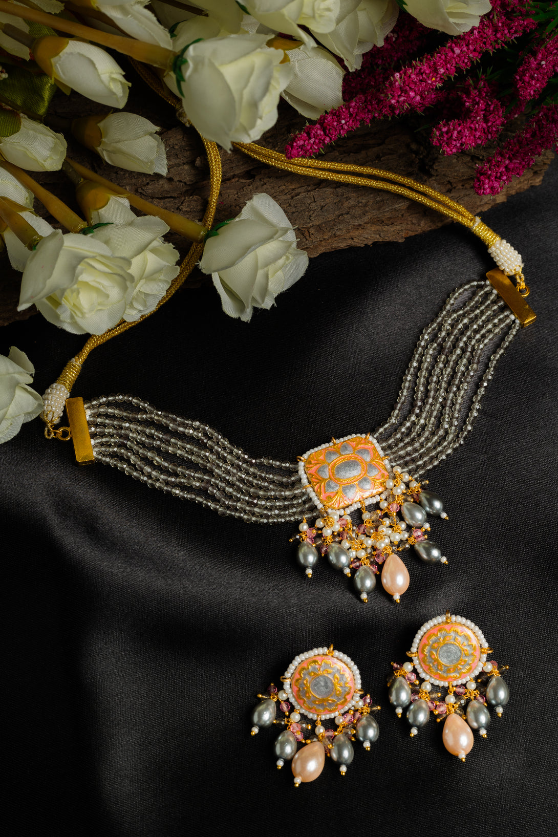 Enticing Coral Grey Necklace Set - Pirohee by parul sharma