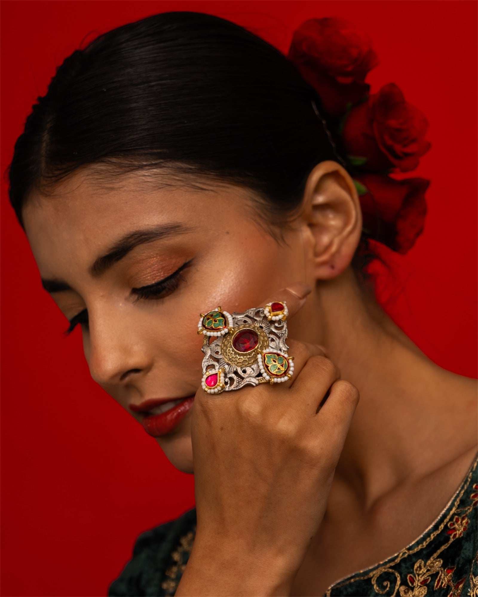 Nayana Multicolour Adjustable Ring - Pirohee by parul sharma