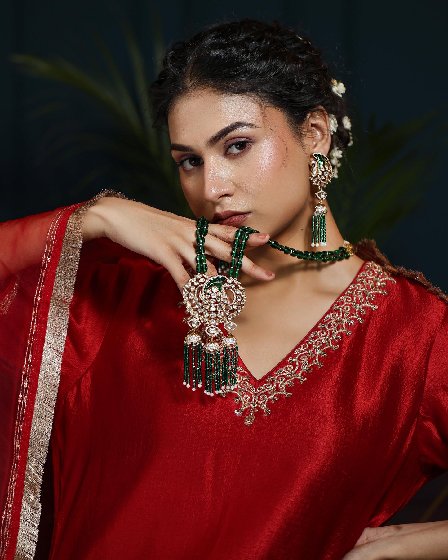 Polki Chand Haar with Emerald Beads
