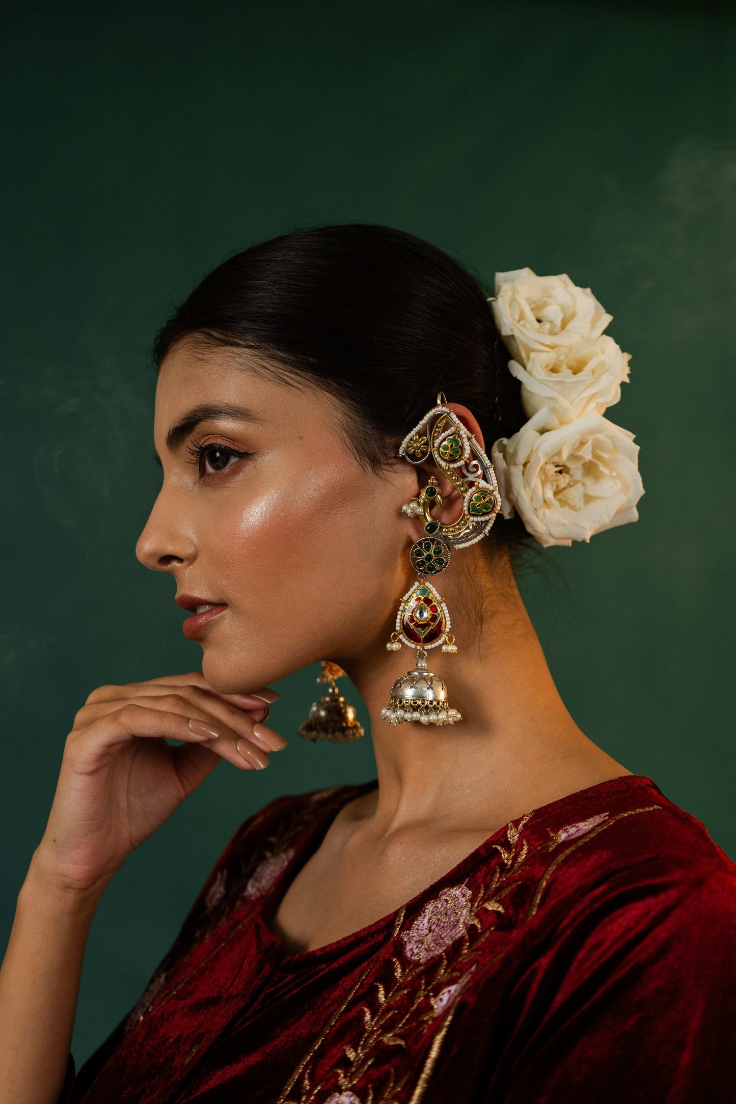 Mayura Earcuff Style Green Jhumka Earrings - Pirohee by parul sharma