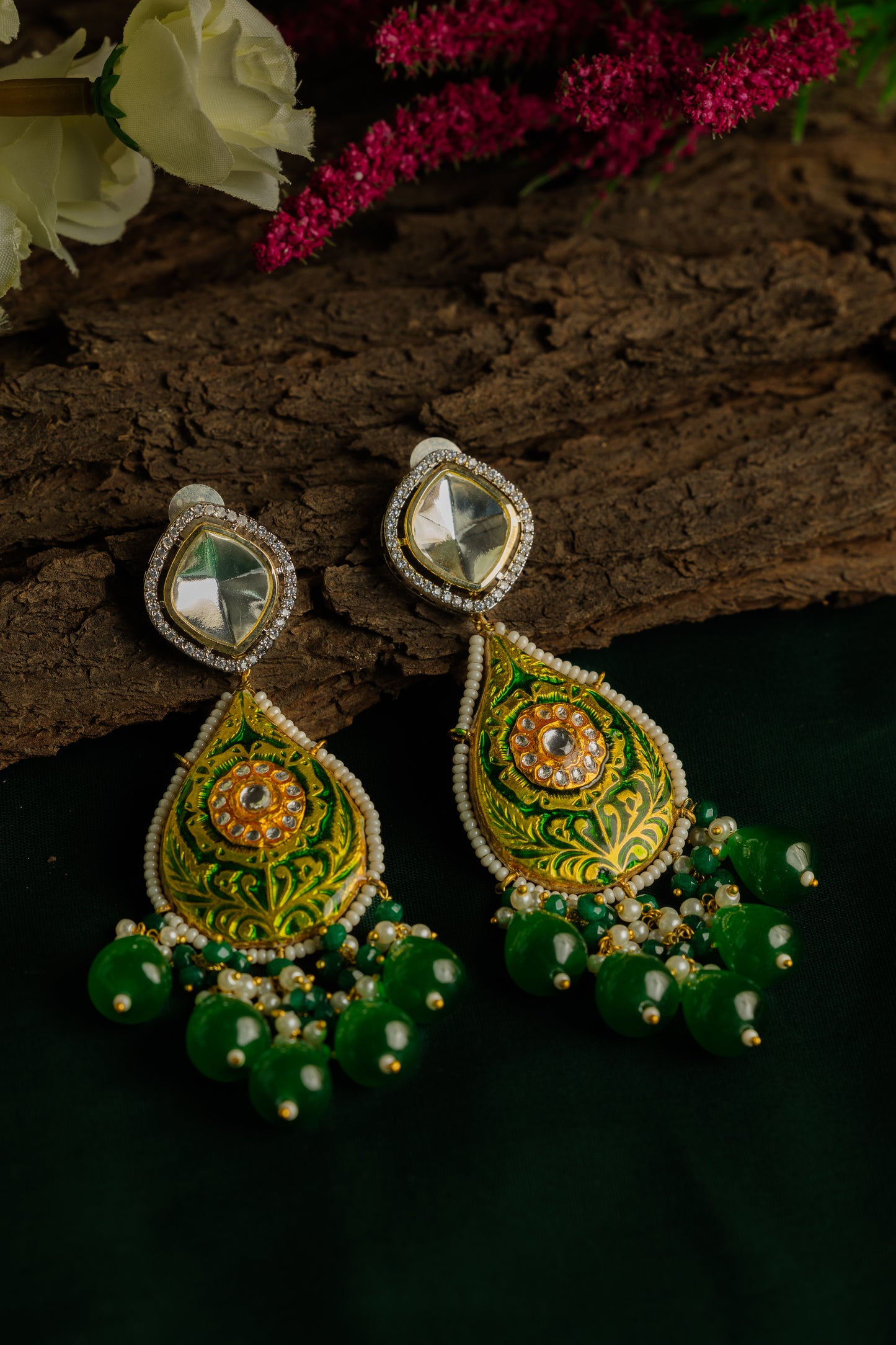 Adah Emerald Green Polki Earrings - Pirohee by parul sharma