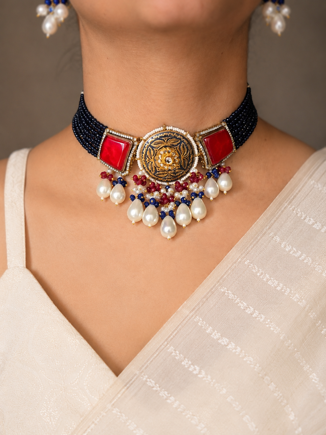 Midnight Blue Ruby Pearl Choker