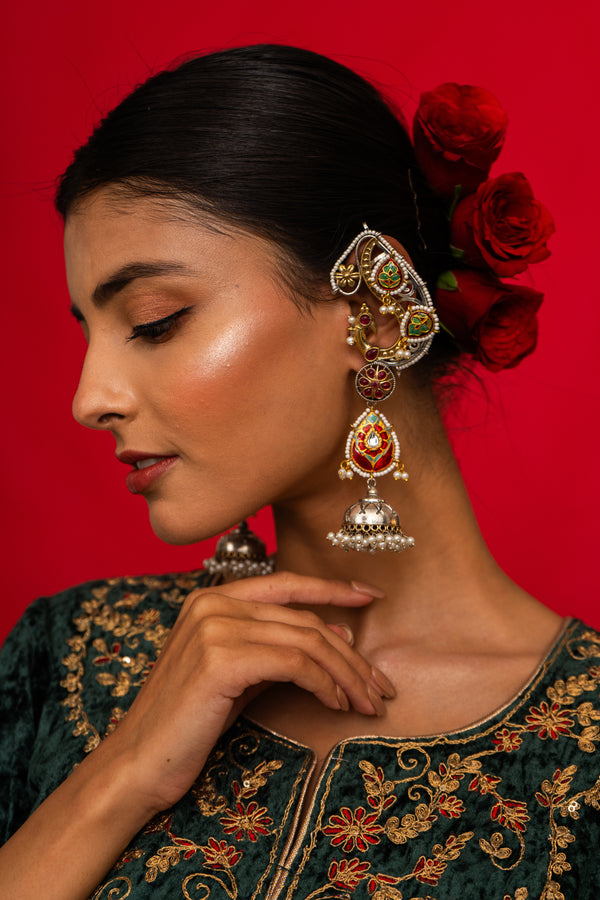 Mayura Earcuff Style Red Jhumka Earrings