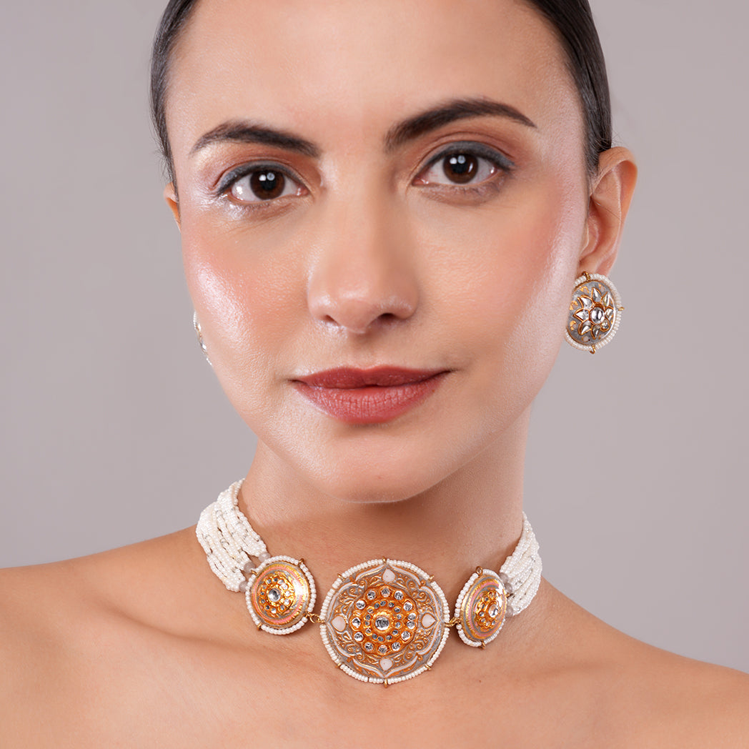 Surmayi Grey Meenakari Choker Set