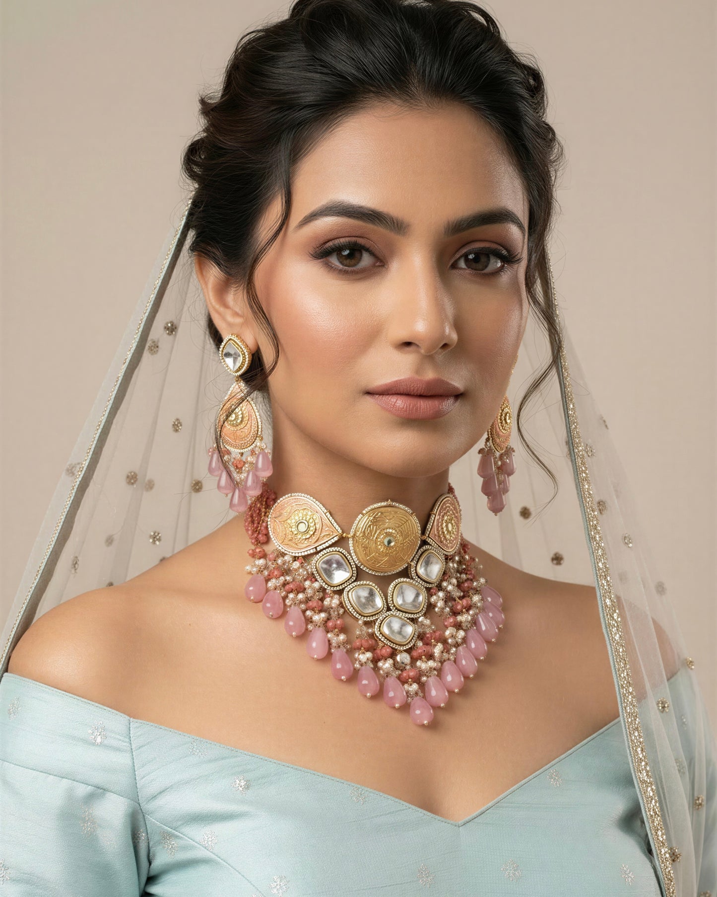 Rooh Carnation Pink Polki Necklace Set