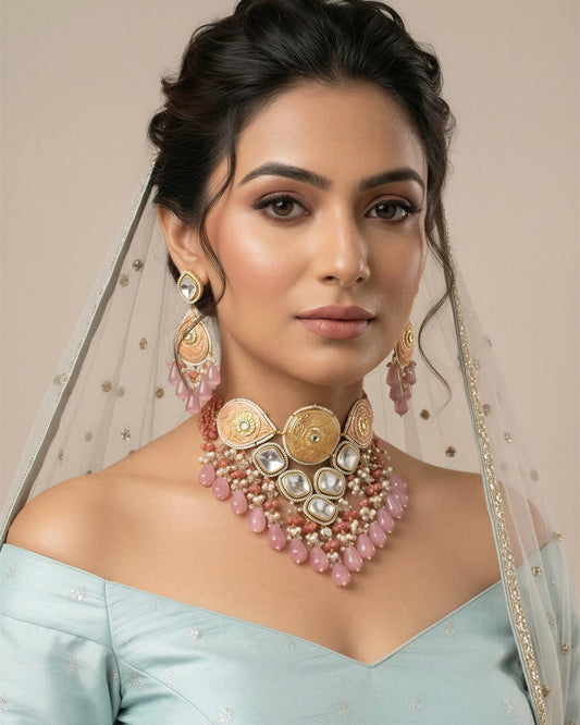 Rooh Carnation Pink Polki Necklace Set