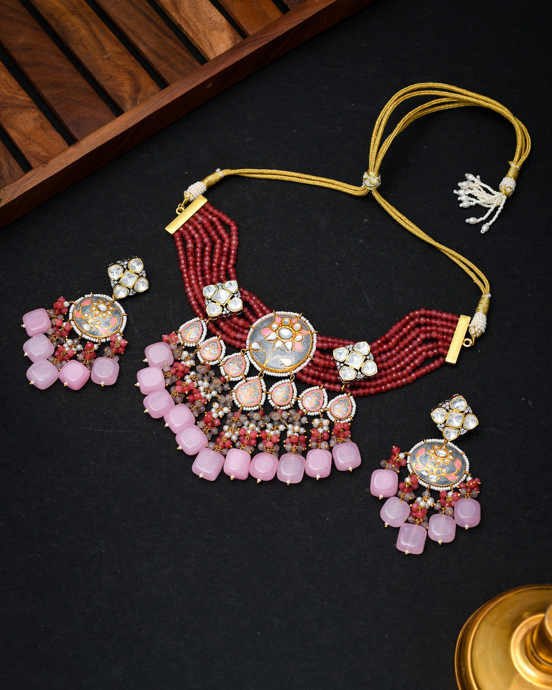 Anisa Grey & Pink Choker Necklace Set - Pirohee by parul sharma