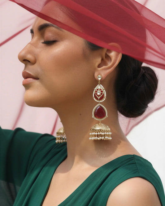 Hoor Red Jhumka Earrings (Invisible kaan chains included)
