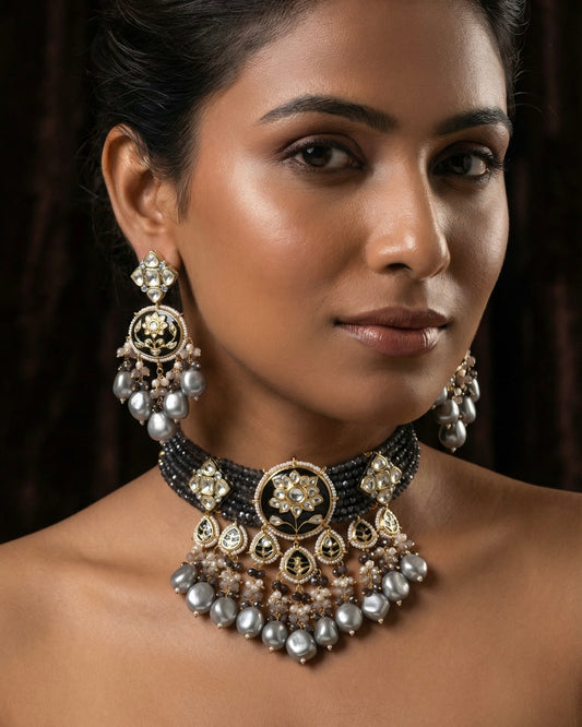 Anisa Black & Grey Choker Style Necklace Set