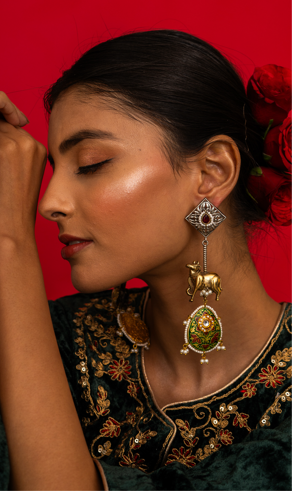 Damini Green Bull Motif Earrings