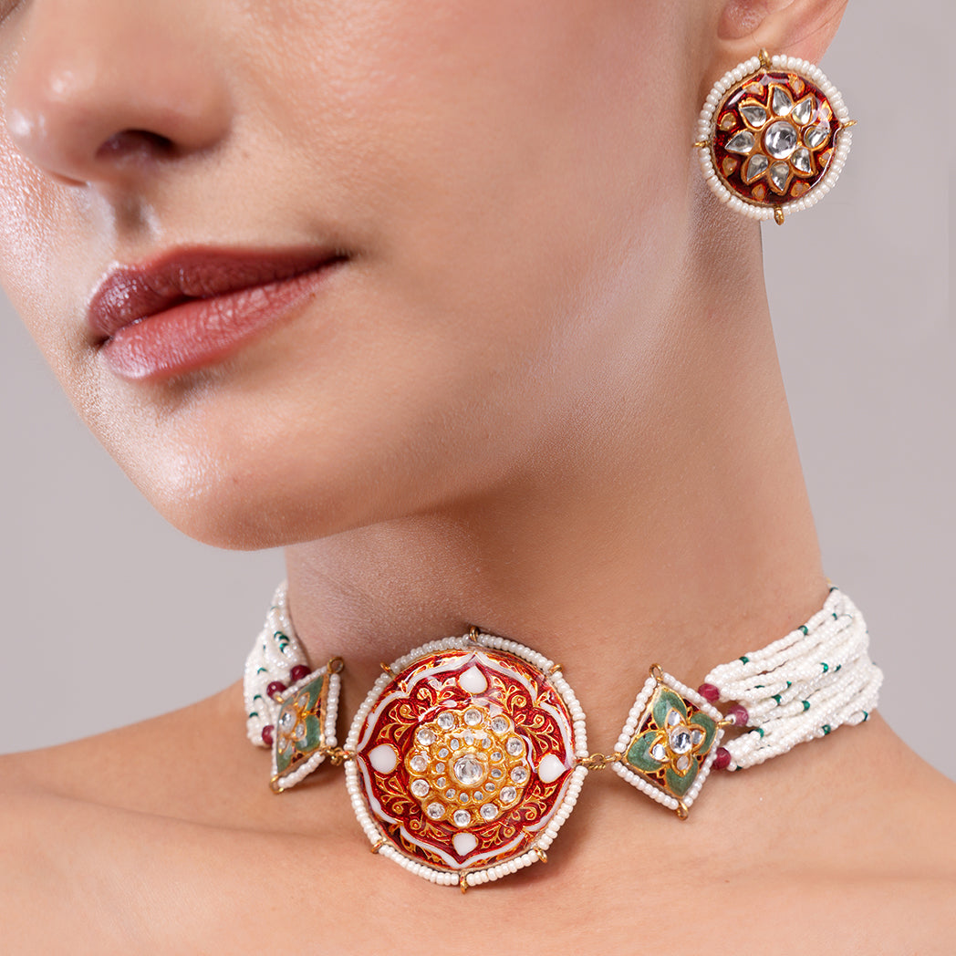 Surmayi Red Meenakari Choker Set