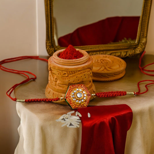 Classic Gold Plated Red
Kundan Meenakari Rakhi