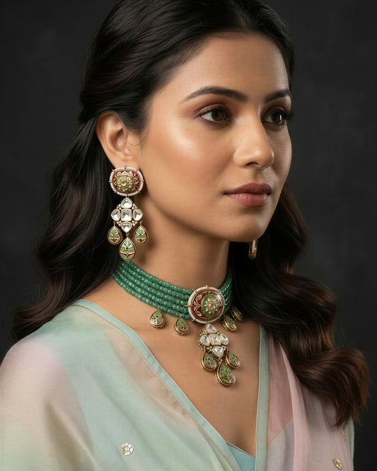 Elegance Redefined: Ruby Red Meenakari and Moissanite Fusion Necklace Set