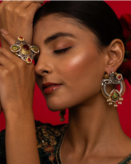 Nayana Leaf Motif Earrings & Adjustable Ring Combo - Pirohee by parul sharma