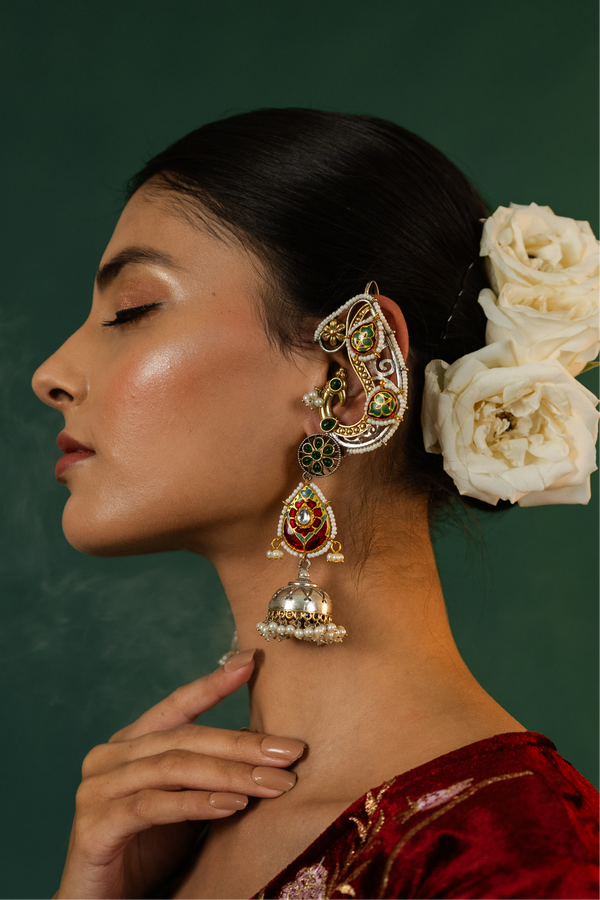 Mayura Earcuff Style Green Jhumka Earrings