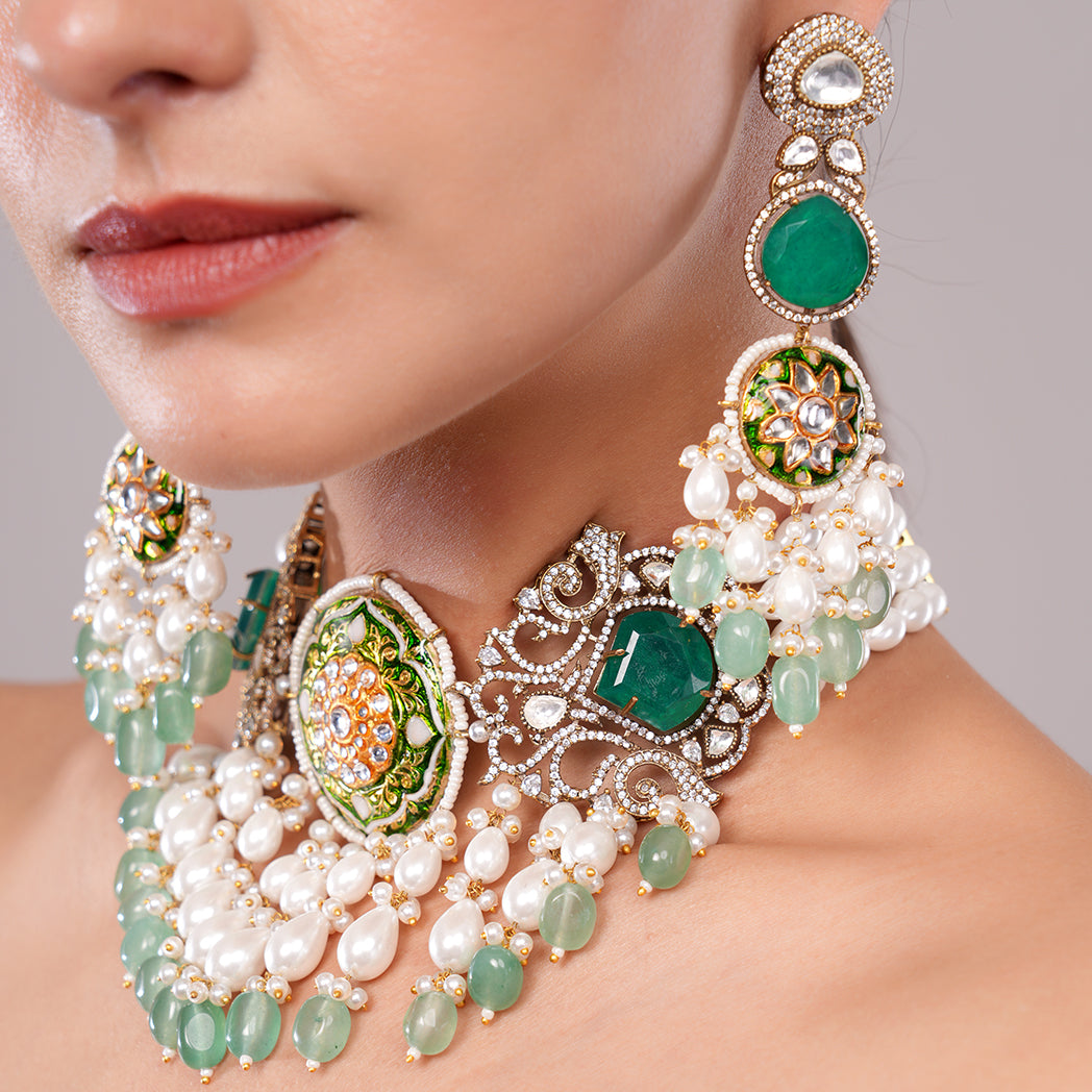 Sheeshbaagh Emerald Royal Meenakari & Pearl Set