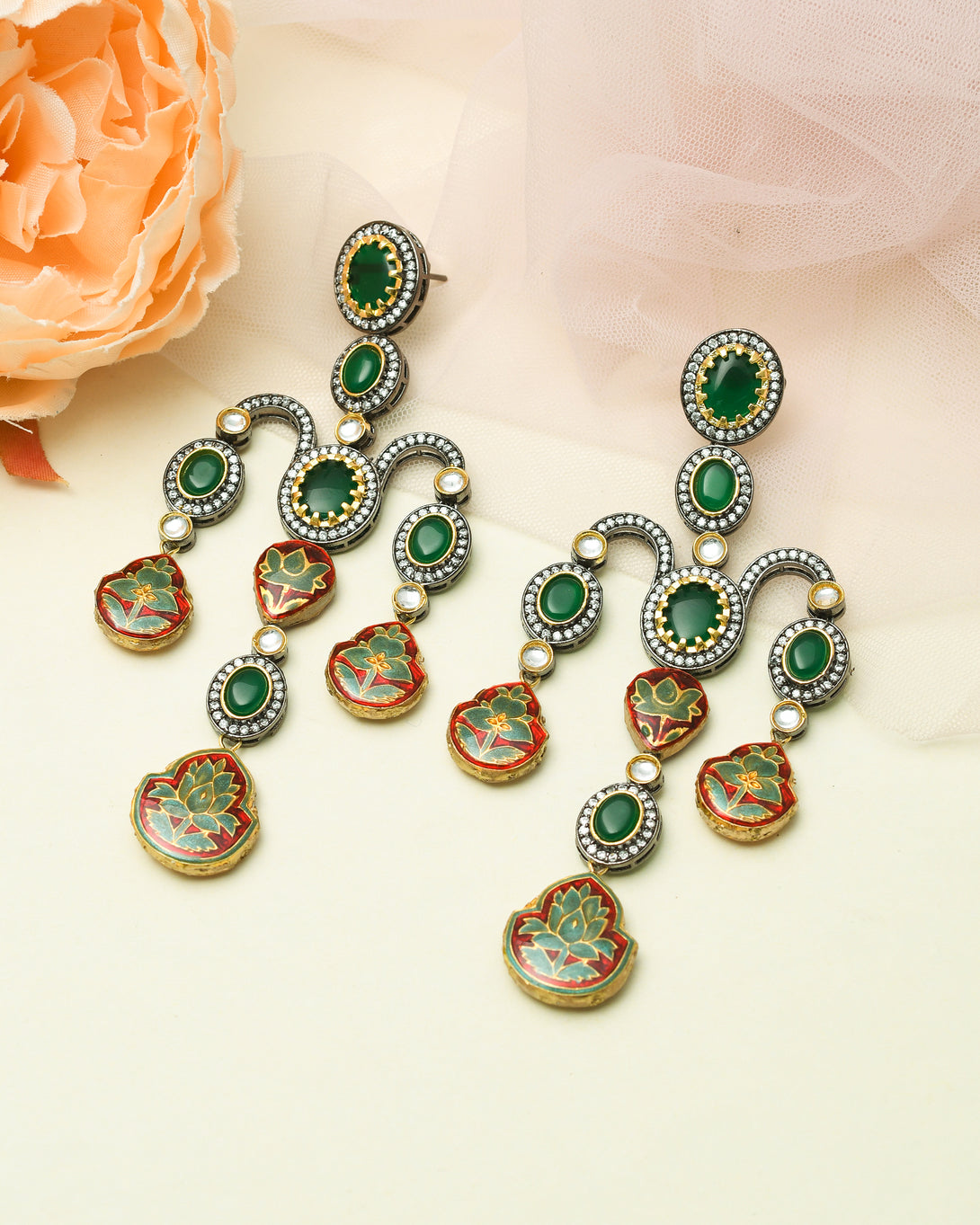 Fusion Elegance: Meenakari & AD Green Earrings - Pirohee by parul sharma