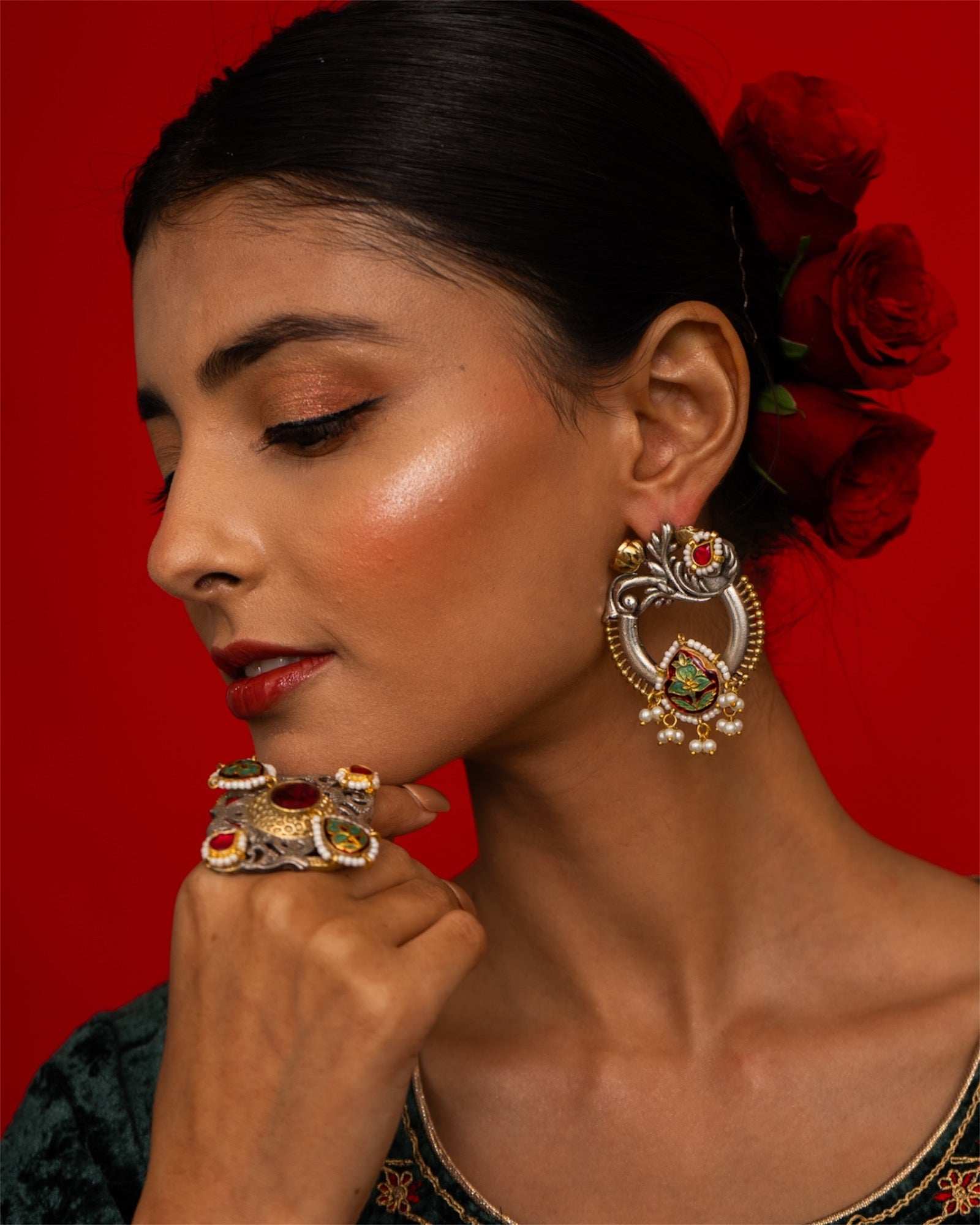 Nayana Leaf Motif Earrings & Adjustable Ring Combo - Pirohee by parul sharma